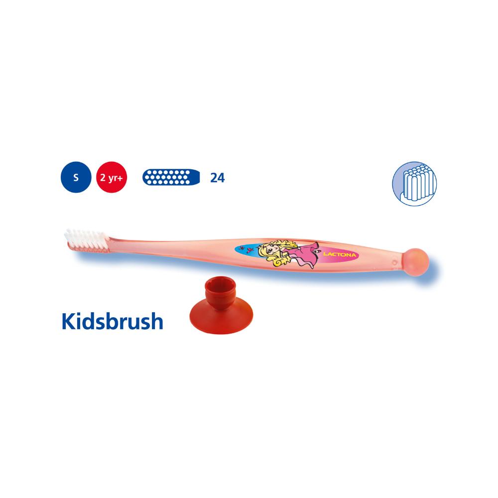 Lactona minkštas vaikiškas dantų šepetėlis „Kids brush“ su vakuuminiu laikikliu, (nuo 2 m.) 1 vnt.